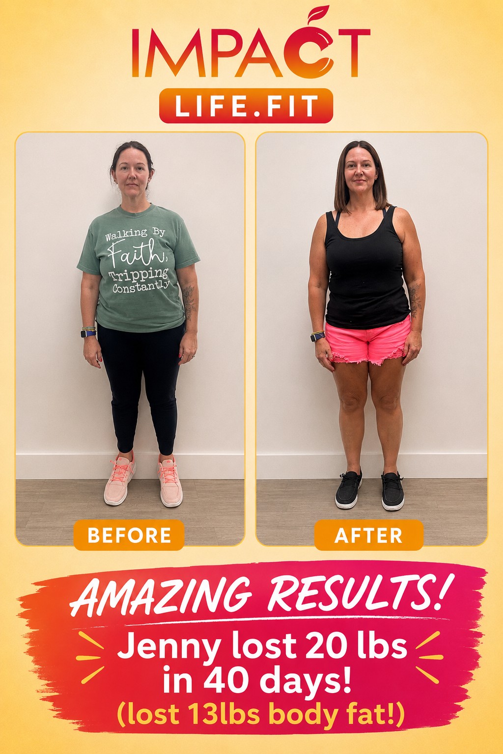 Jenny lost 20 lbs and 13 lbs body fat in 40 days — before and after