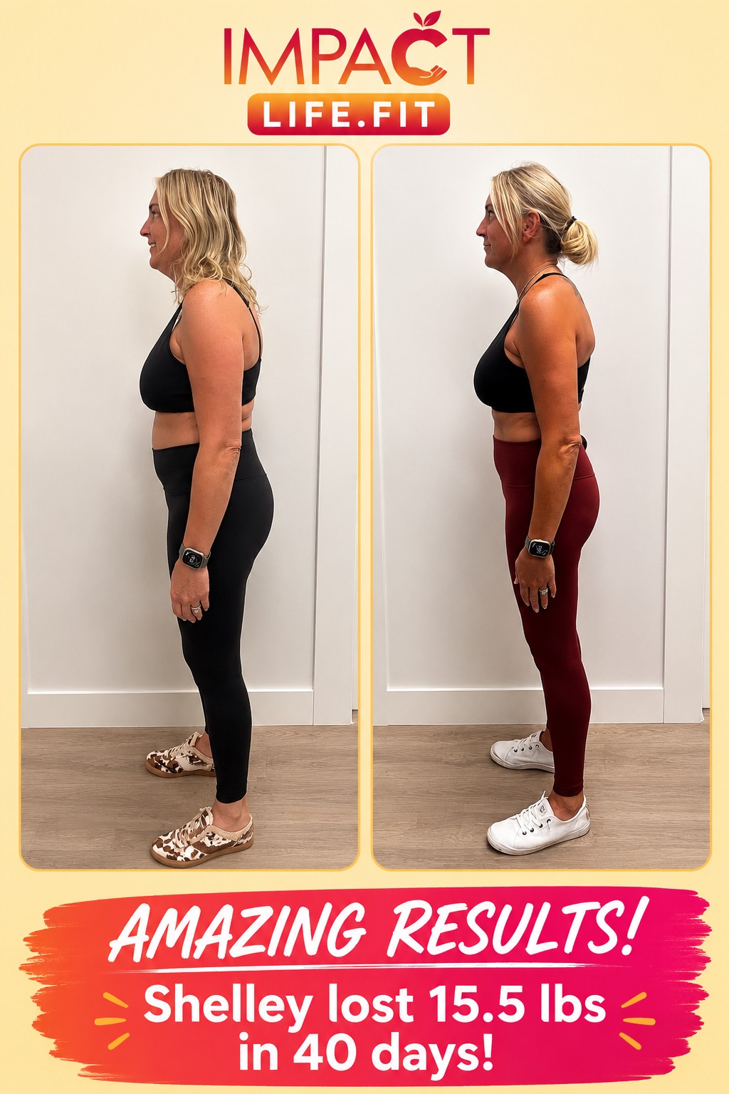 Shelley lost 15.5 lbs in 40 days — side profile before and after