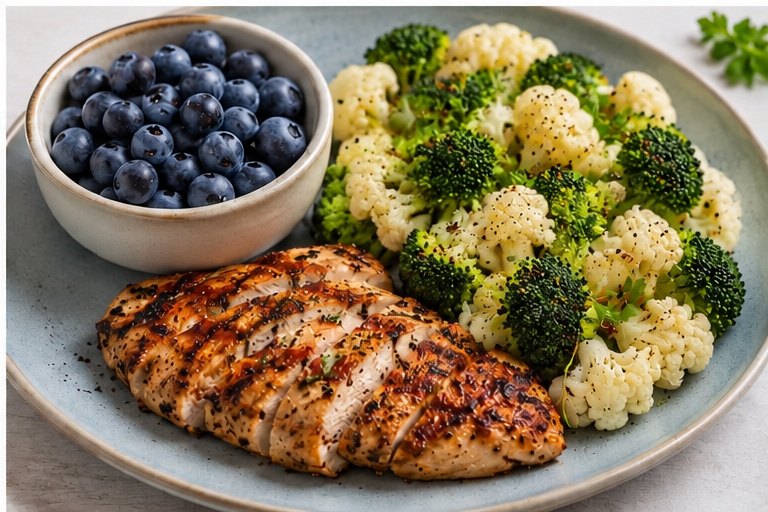 Grilled chicken with roasted vegetables and blueberries
