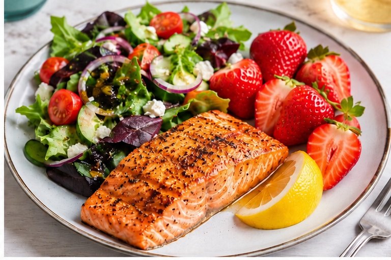 Grilled salmon with garden salad and strawberries