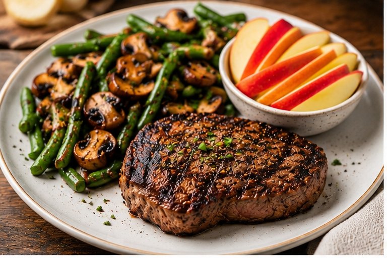 Grilled steak with green beans, mushrooms and fresh apple